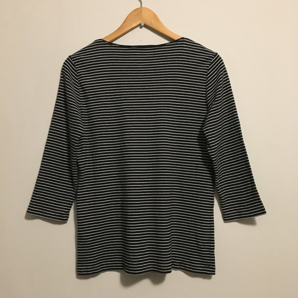 Karen Scott Pinstripe Cotton Jersey Long Sleeve Tee Floral Embroidered French Gi - Picture 2 of 15